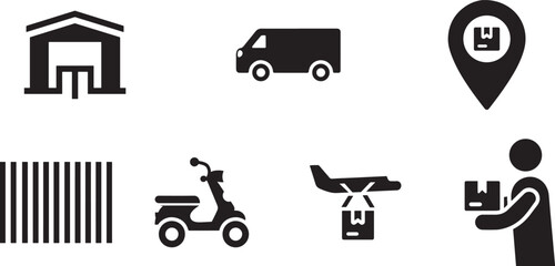 Vector set of transport vehicle icons for web and mobile design, featuring cars, trucks, buses, and trains