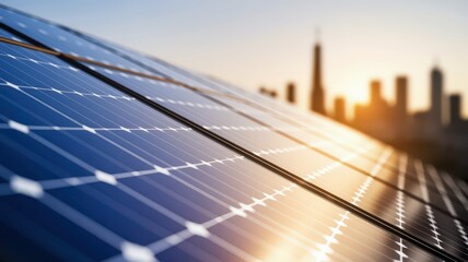 Solar panels with city skyline in the background at sunset.