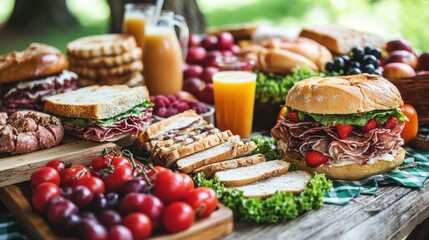 Picnic spread with assorted sandwiches, fruit, and drinks
