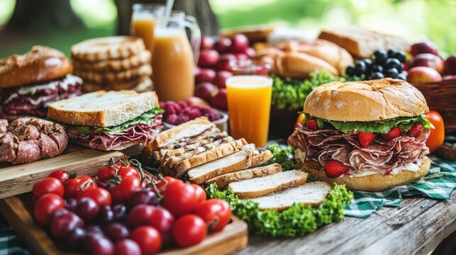 Picnic spread with assorted sandwiches, fruit, and drinks