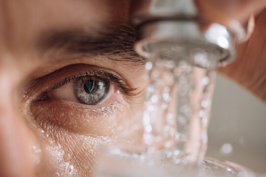 Close-up of man rinsing eye with water from faucet for personal hygiene and health care