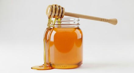 Honey Dripping from Wooden Dipper into Glass Jar