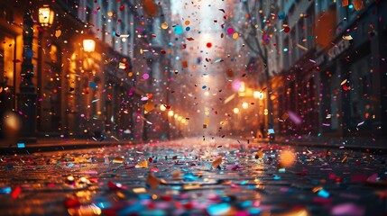 As colorful confetti rains down on a cobblestone street, the warm glow from streetlights creates a festive and inviting atmosphere, perfect for celebrating special moments.