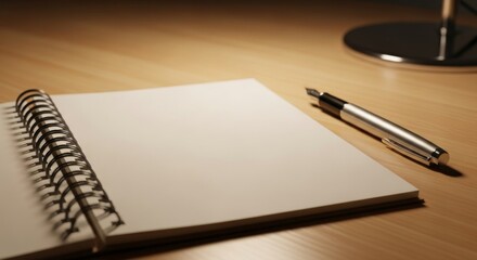 Notebook and Fountain Pen on Wooden Table, Soft Lighting and Shadow Play