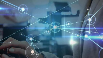 Woman tapping smartphone and activating digital network graphic overlay in office for tech meeting - Powered by Adobe