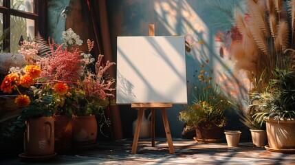 A blank canvas on an easel surrounded by lush bouquets and bright flowers in a sunlit room evokes creativity and inspiration, inviting artistic expression and imagination.