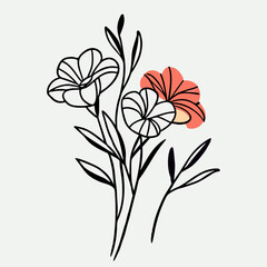 Simple Line Drawing Floral Bouquet, Minimalist Flower Illustration