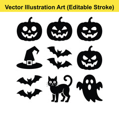 Obraz premium Halloween vector icons set black silhouettes. Halloween vector icons jack o lantern bats cat ghost witch hat