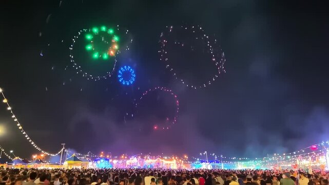 Amazing aerial drone light show illuminates night sky over festival crowd