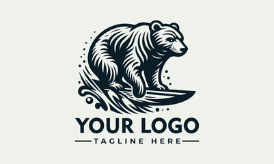 Detailed engraved illustration of a bear surfing on a wave with a sunburst and palm tree in a circular frame. Summer adventure concept