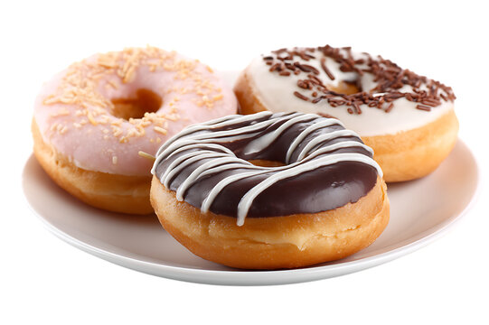 A Trio of Deliciously Glazed Donuts on a White Plate  isolated on transparent background , cutout