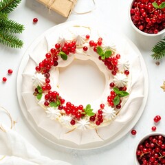 Pavlova en forme de couronne aux fruits rouges, dessert traditionnel, avec meringue et crème chantilly,. Generated image
