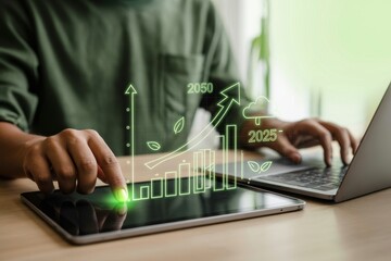 Expert engaged in predictive analysis using digital tablet, targeting sustainability and growth from 2025 to 2050