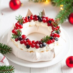 Pavlova en forme de couronne aux fruits rouges, dessert traditionnel, avec meringue et crème chantilly,. Generated image