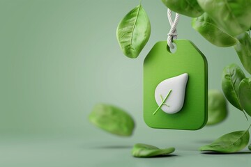 Eco-Friendly Label with Green Leaves and Tag Symbolizing Sustainability on a Soft Green Background