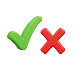 Green Checkmark Red X 3D Icons isolated on a transparent background cross