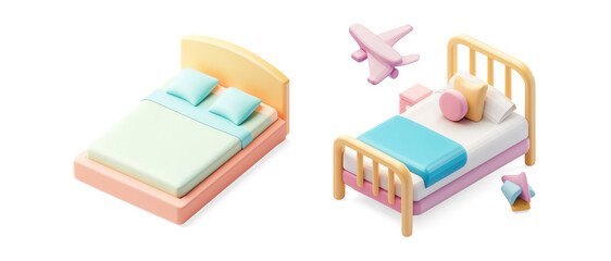 Isometric Wooden Bed Illustration on a Transparent Background
