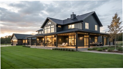 "Contemporary Barndominium Home with Modern Black Facade & Outdoor Entertainment Area"