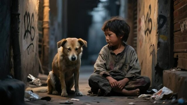 Niño en un callejón sentado junto a un perro