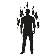 Silhouette of a man standing engulfed in flames with a white background and dark shading throughout created with generated ai