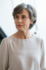 Graceful woman with silver hair reflecting confidence in a modern interior setting during a bright daytime gathering