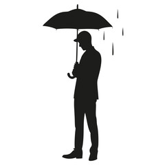 Silhouette of a man in a suit holding an umbrella with raindrops falling in a black and white image created with generated ai