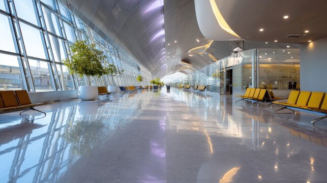 Bright and modern airport terminal interior with glass walls and empty walkways