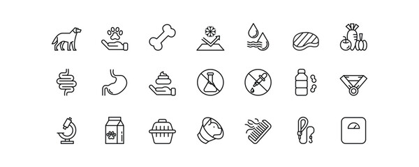 This editable stroke icon set features 21 clean and minimal line icons focused on pet treats and animal care. Including symbols of pet nutrition, digestion, hygiene, natural ingredients, lab testing.