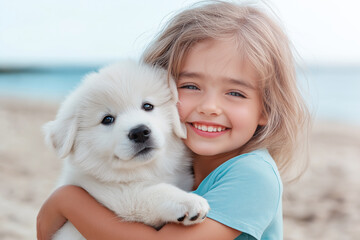 Girl with blonde hair in blue T-shirt hugging dog Samoyed on the beach