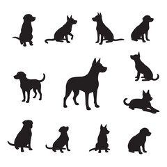 Twelve dog silhouettes in various poses