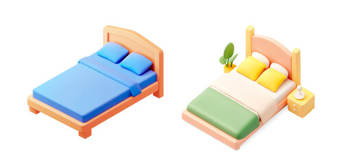 Isometric Wooden Bed Illustration on a Transparent Background