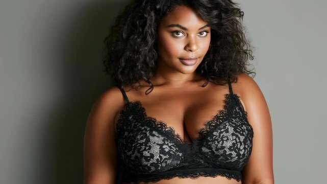 Studio portrait of a beautiful plus size model with curly hair, wearing a black lace bra and exuding confidence against a neutral gray background