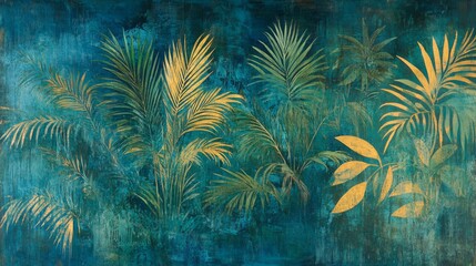 Teal and Gold Tropical Leaf Pattern Background