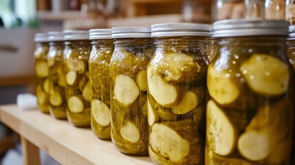 Jars filled with sliced pickles in brine are neatly arranged on a wooden shelf, showcasing the art of home canning and preserving vegetables for future enjoyment