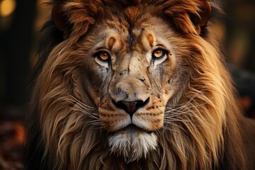Fototapeta premium A powerful close-up of a lion's face, showcasing its magnificent mane and deep gaze, symbolizing strength and beauty in the wild landscape it inhabits.