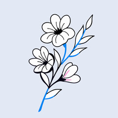Simple Line Art Flower Drawing, White Flowers, Blue Stem
