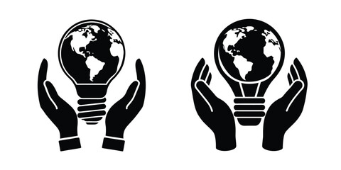 Light Bulb Silhouette with a Pair of Hands Holding It Inside Isolated on White Background