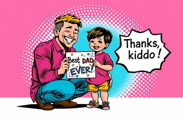 Young father and son celebrating Father's Day in pop-art style  