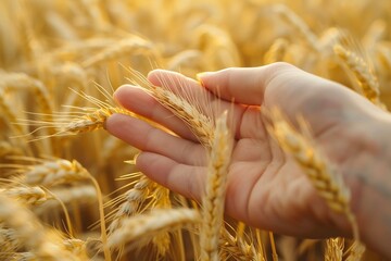 Hand Gently Holding Golden Wheat in Sunlit Field, Embracing Nature's Golden Harvest