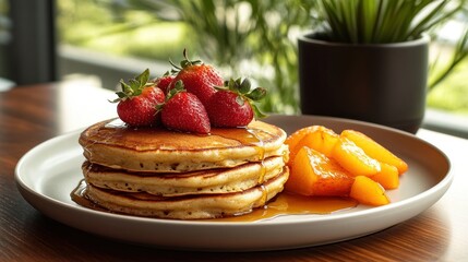 Stack of pancakes topped with strawberries and peaches, drizzled with syrup