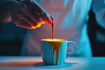 A hand pours vibrant liquid into a mug, creating a colorful, swirling effect.