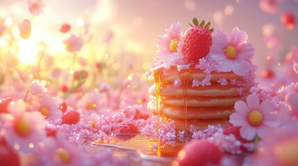 Stacked pancakes, flowers, and strawberries in a dreamy field