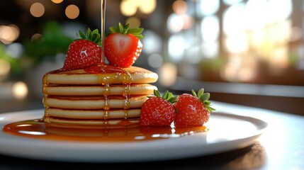 Stacked pancakes, syrup, and fresh strawberries on a plate