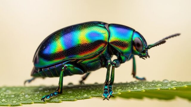 Vibrant Jewel Beetle on a Dew-Kissed Leaf
