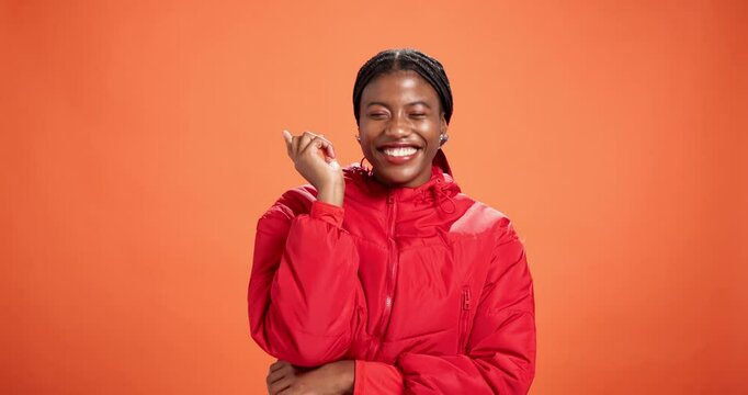 Memory, thinking or black woman in studio for cool clothes, answer or problem solving. Future, mockup space or African female person on orange background with eureka moment, solution or fashion ideas