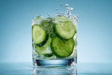 Refreshing cucumber water splashing in a glass against a light blue background on a sunny day