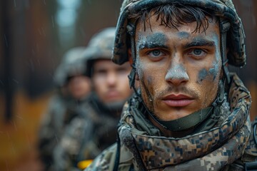 Obraz premium A soldier with camouflage painted on his face stands stoically in a rainy forest, embodying resilience, determination, and the spirit of bravery in tough conditions.