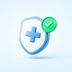 Fototapeta premium 3D Health Shield Icon with Green Check Approval