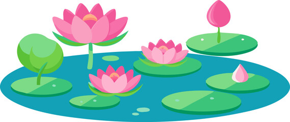 Flat Style Lotus Flowers and Lily Pads on Water - Cute Minimalist Illustration