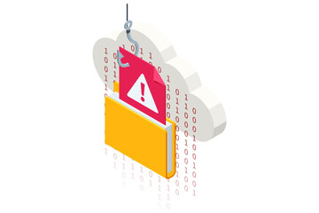 Isometric vector of a hooked login form pulled from an open yellow envelope by a fishhook, symbolizing hacker credential theft and deceptive phishing email. Phishing attack